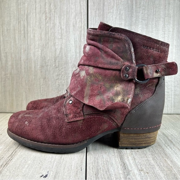Merrell Women's Shiloh Li Burgundy Gold Suede Ankle Booties Women’s Size 8.5 - Picture 2 of 10